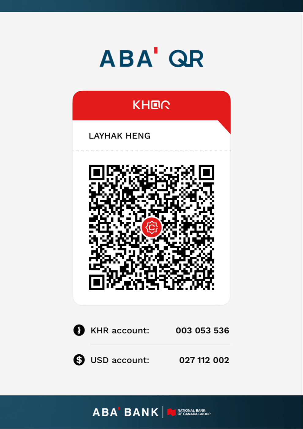 ABA KHQR donation code for Layhak Heng
